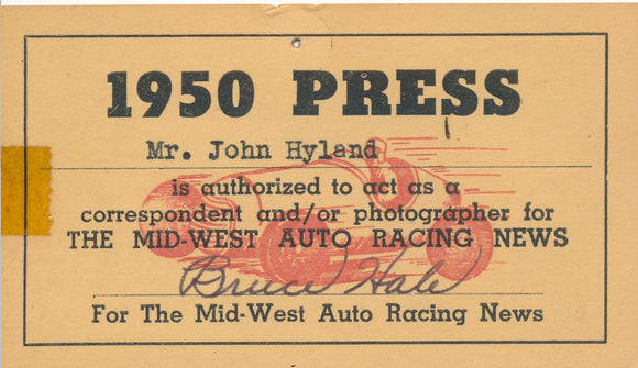 1950 Mid-West Auto Racing News John Hyland Press Pass