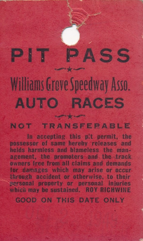 1951 Williams Grove Speedway Association Auto Races Pit Pass