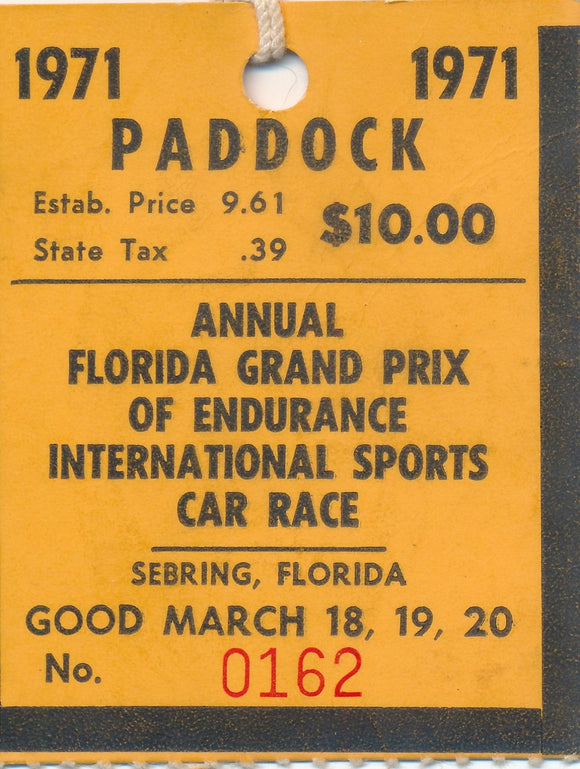 1971 Annual Florida Grand Prix of Endurance International Sports Car Race Paddock Pass