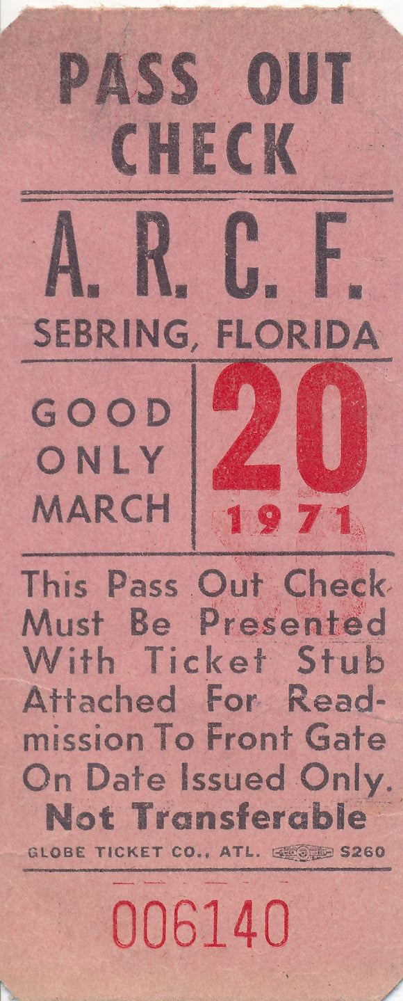 1971 ARCF Sebring Florida Pass Out Check