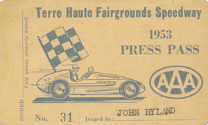 1953 Terre Haute Fairgrounds Speedway John Hyland Press Pass