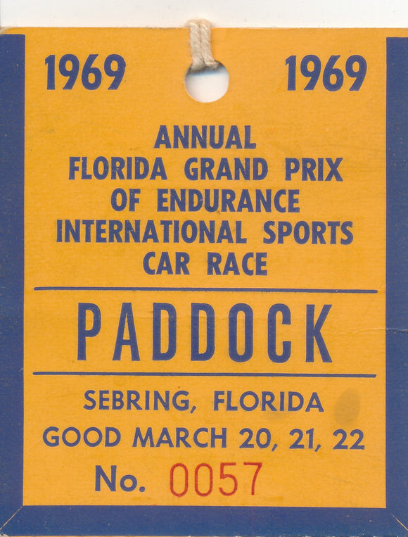 1969 Annual Florida Grand Prix of Endurance International Sports Car Race Paddock Pass