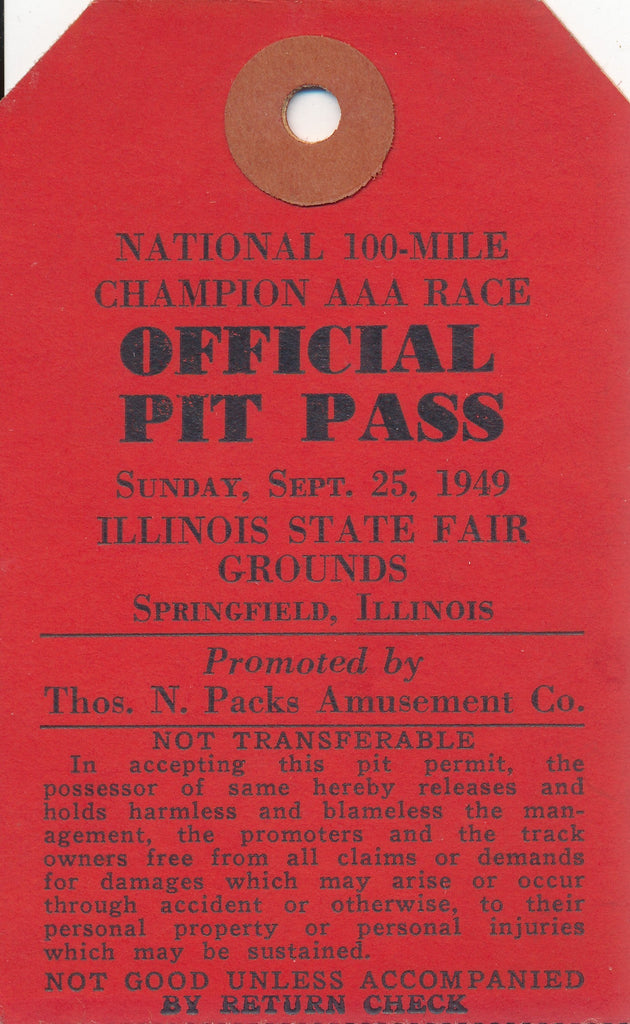 1949 National 100 Mile Champion AAA Race Official Pit Pass