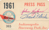 1961 Indianapolis Raceway Park John Hyland Press Pass