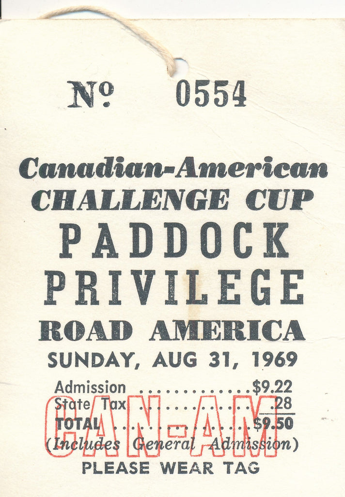 1969 Canadian American Challenge Cup Road America Paddock Privilege Credential