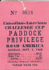 1968 Canadian American Challege Cup Paddock Privilege Credential