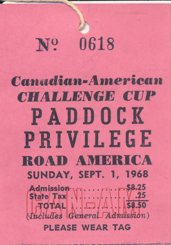 1968 Canadian American Challege Cup Paddock Privilege Credential