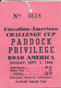 1968 Canadian American Challege Cup Paddock Privilege Credential