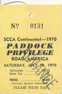 1970 SCCA Continental Road America Paddock Privilege Credential