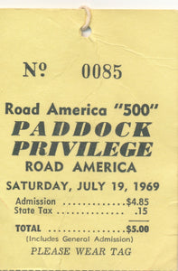 1969 Road American "500" Paddock Privilege Credential