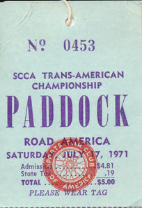 1971 SCCA Trans-American Road America Championship Paddock Credential