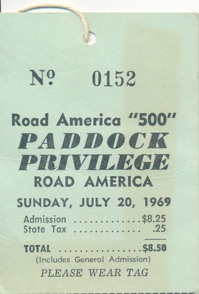 1969 Road America "500" Paddock Privilege Credential