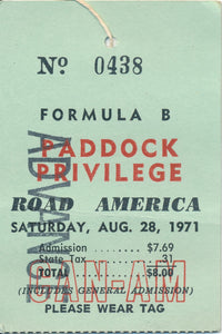 1971 Formula B Road America Paddock Privilege Advance Credential