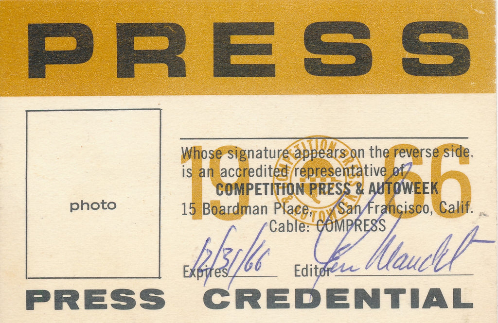 1966 Competition Press & Autoweek Press Credential