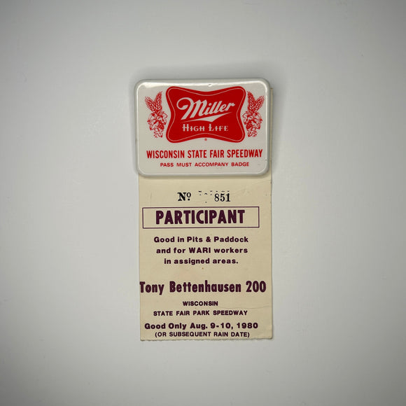 1980 Tony Bettenhausen 200 Wisconsin State Fair Speedway Credential and Miller High Life Button