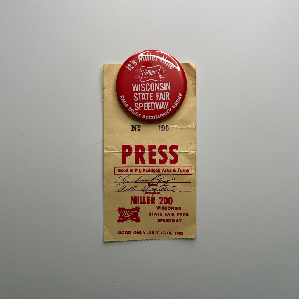 1982 Miller 200 Wisconsin State Fair Speedway Press Credential and Miller Button