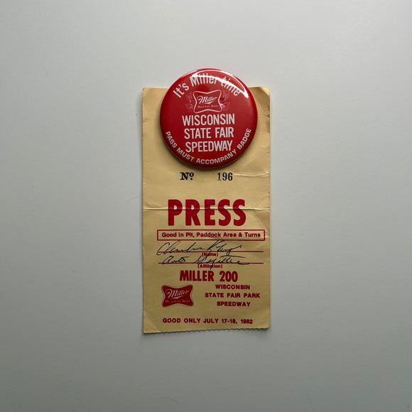 1982 Miller 200 Wisconsin State Fair Speedway Press Credential and Miller Button