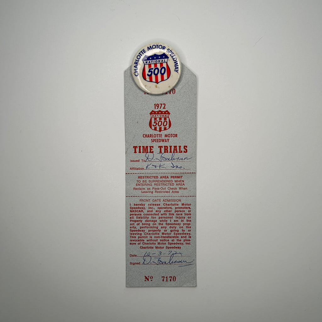 1972 Time Trials Charlotte Motor Speedway Credential & National 500 Button