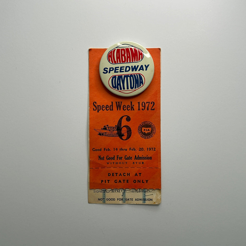 1972 Daytona 500 Speed Week Credential, Garage Pass & Alabama Daytona Speedway Button