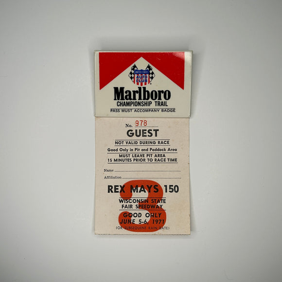 1971 Rex Mays 150 Wisconsin State Fair Speedway Credential & Marlboro Championship Trail Button