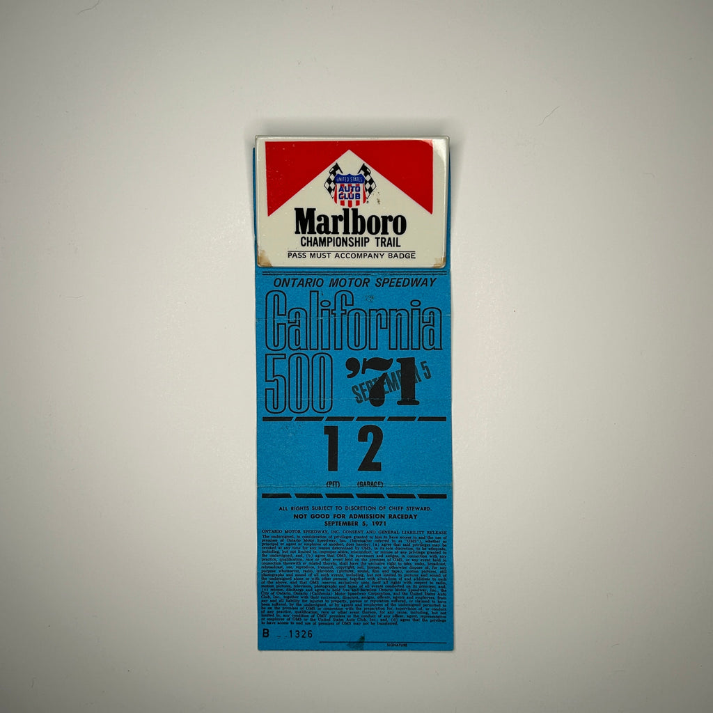 1971 California 500 Ontario Motor Speedway Credential & Marlboro Championship Trail Button