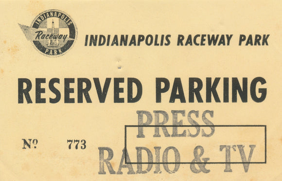 Indianapolis Raceway Park Press, Radio & TV Reserved Parking Pass