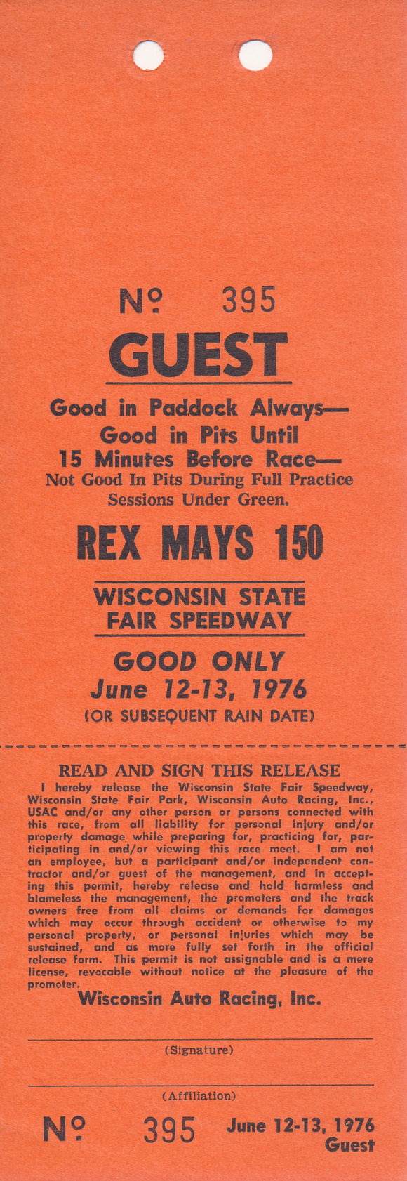 1976 Rex Mays 150 Wisconsin State Fair Speedway Pit & Paddock Guest Credential