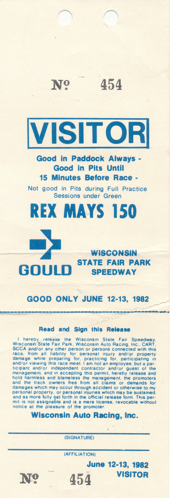 1982 Rex Mays 150 Wisconsin State Fair Park Speedway Pit & Paddock Credential