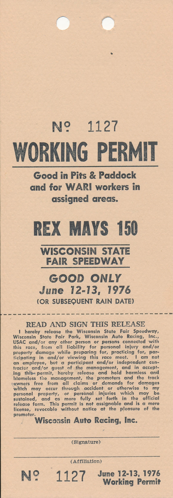 1982 Rex Mays 150 Wisconsin State Fair Park Speedway Working Permit Credential