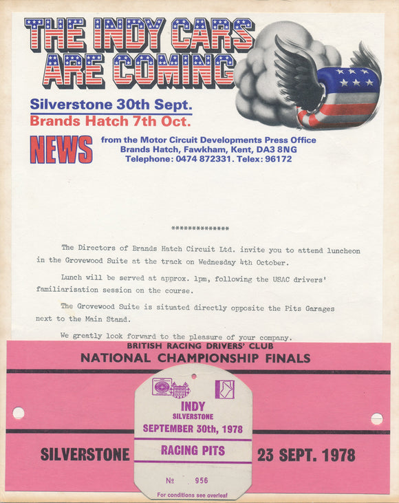 1978 USAC National Championship at Silverstone letter and ticket on backer board.