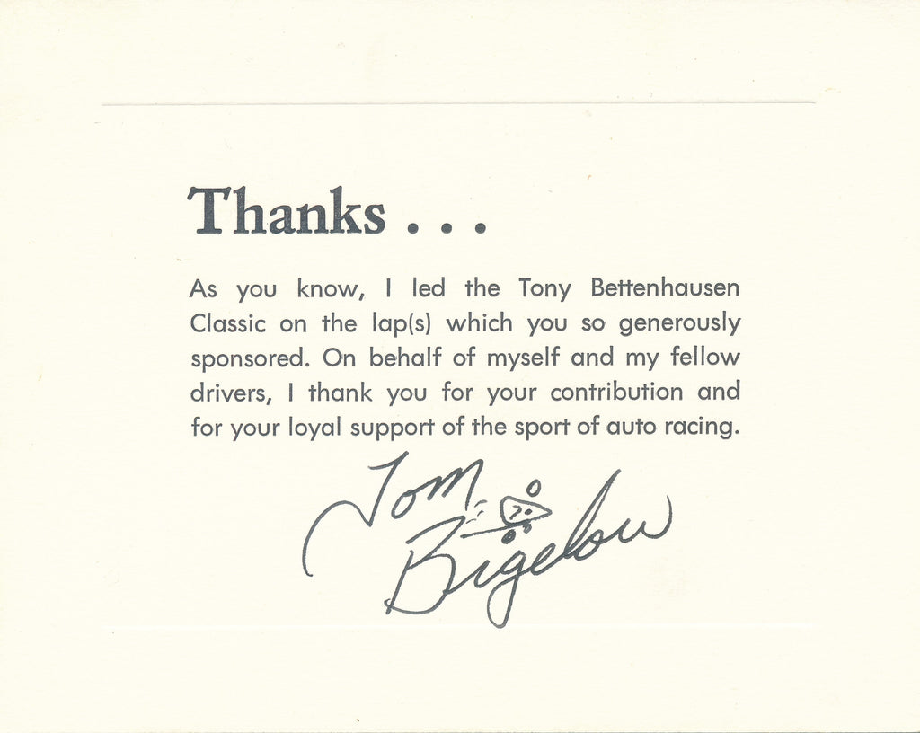 USAC Tony Bettenhausen Classic Stock Car Race Lap Leader Thank You Card signed by Tom Bigelow.