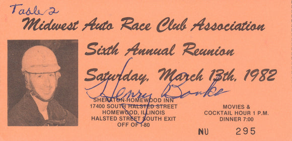 Henry Banks signed Midwest Auto Race Club Association Sixth Annual Reunion 1982 Table ticket