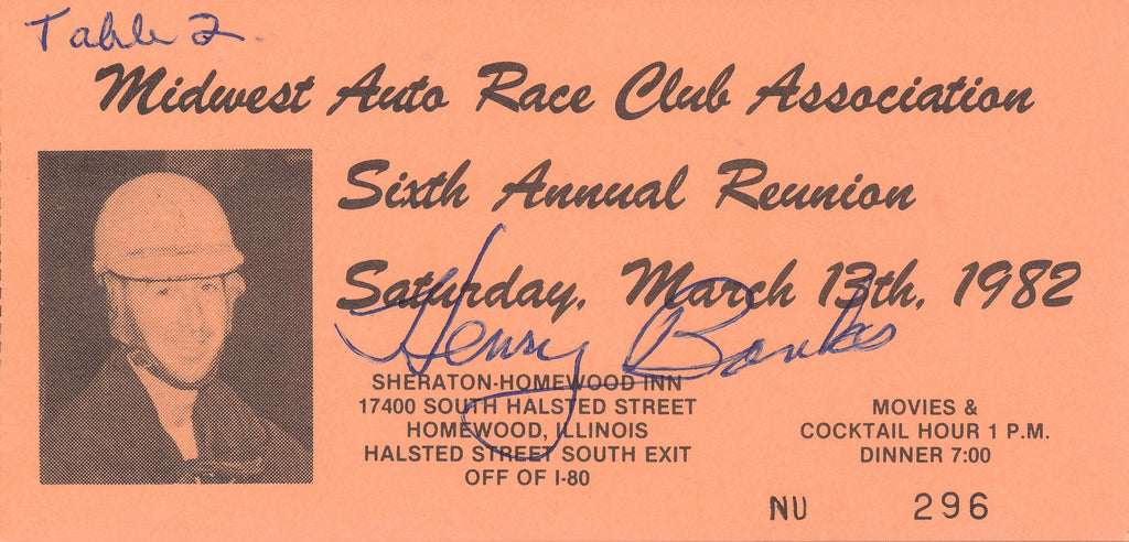 Henry Banks Signed Midwest Auto Race Club Association Sixth Annual Reunion 1982 Table ticket.