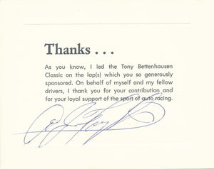 USAC Tony Bettenhausen Classic Stock Car Race Lap Leader Thank You Card signed by AJ Foyt.