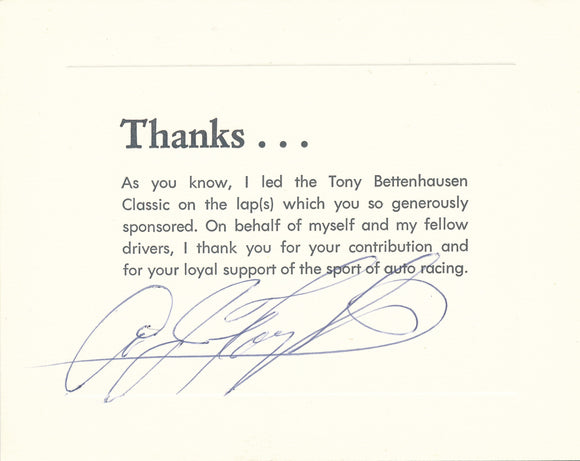 USAC Tony Bettenhausen Classic Stock Car Race Lap Leader Thank You Card signed by AJ Foyt.