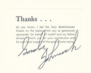 USAC Tony Bettenhausen Classic Stock Car Race Lap Leader Thank You Card signed by Gordon Johncock.