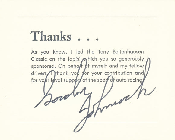 USAC Tony Bettenhausen Classic Stock Car Race Lap Leader Thank You Card signed by Gordon Johncock.