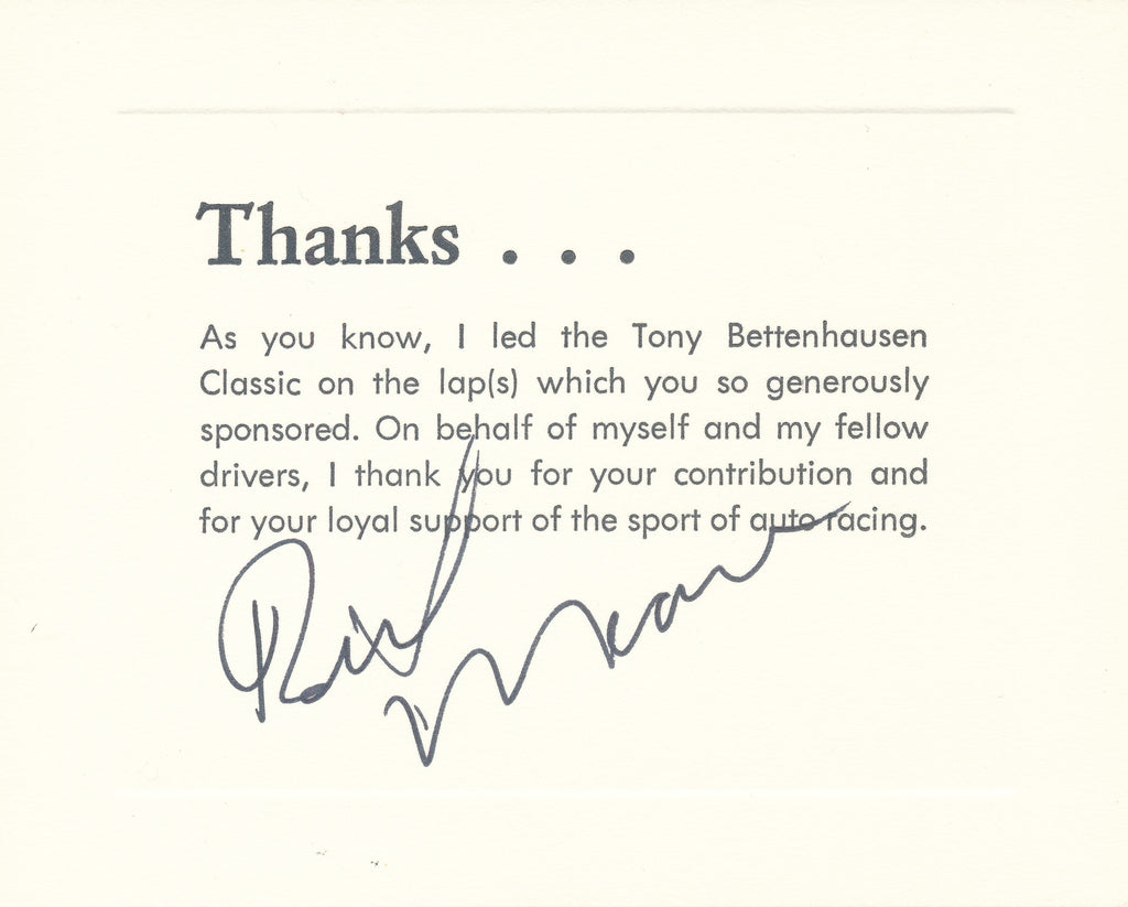 USAC Tony Bettenhausen Classic Stock Car Race Lap Leader Thank You Card signed by Rick Mears.