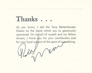 USAC Tony Bettenhausen Classic Stock Car Race Lap Leader Thank You Card signed by Rick Mears.