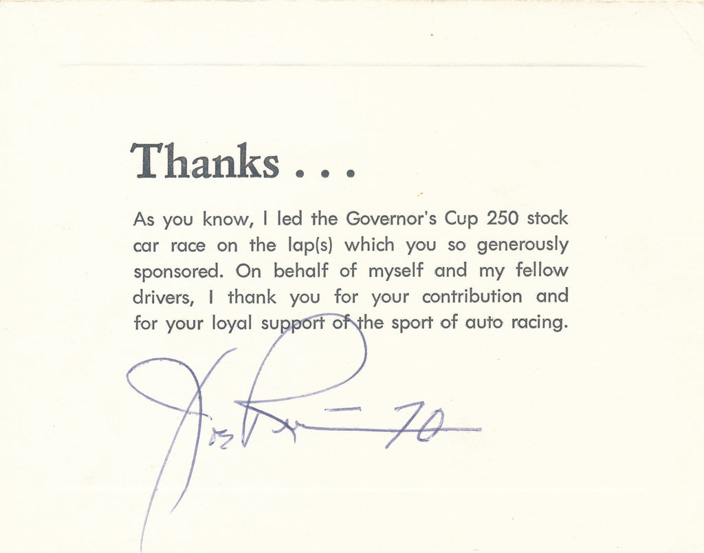 USAC Governor's Cup 250 Stock Car Race Lap Leader Thank You Card signed by Joe Ruttman.