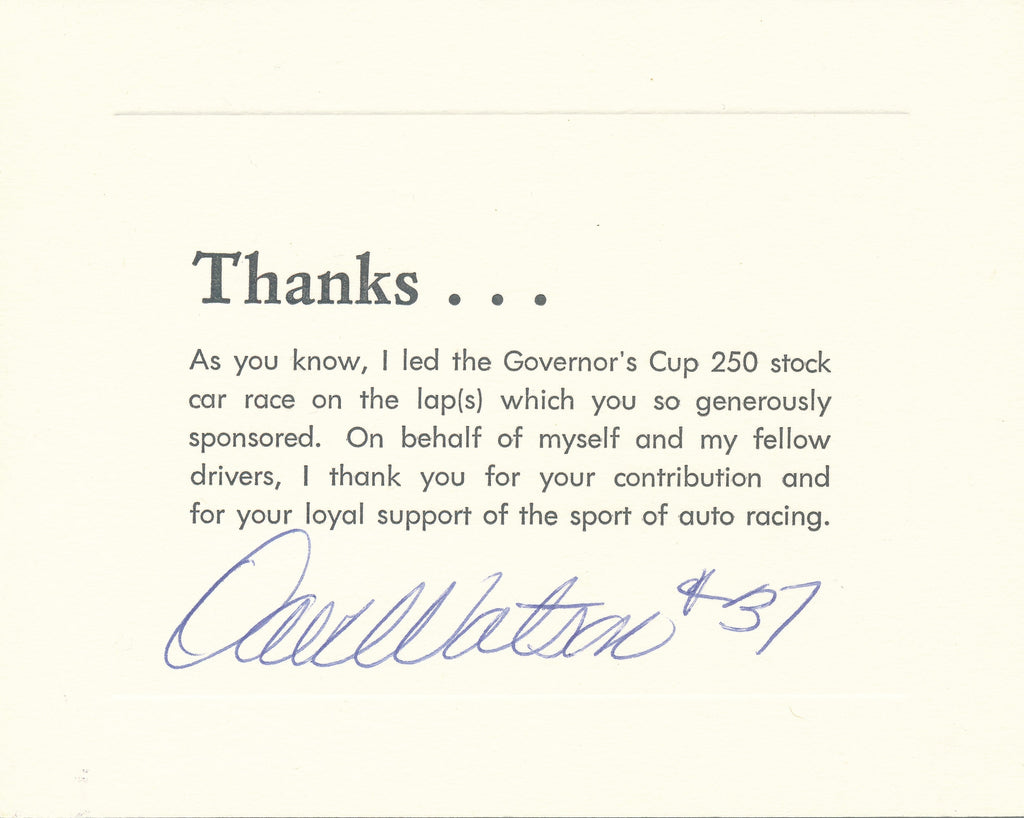 USAC Governor's Cup 250 Stock Car Race Lap Leader Thank You Card signed by Dave Watson.